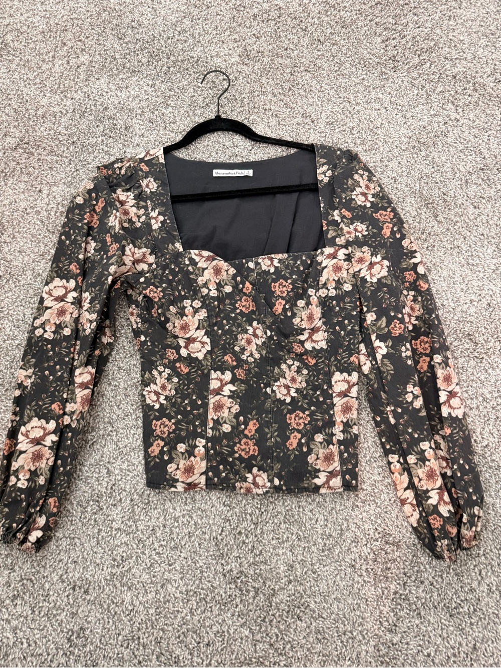 Abercrombie & Fitch Floral Square-Neck Long Sleeve Top - Black with Pink/Cream